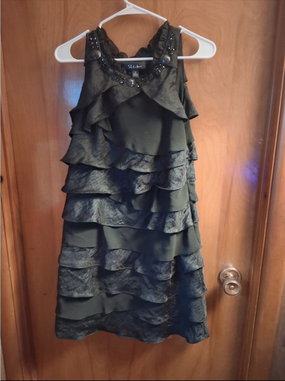 Tiered Ruffle Beaded Neckline Dress - Black